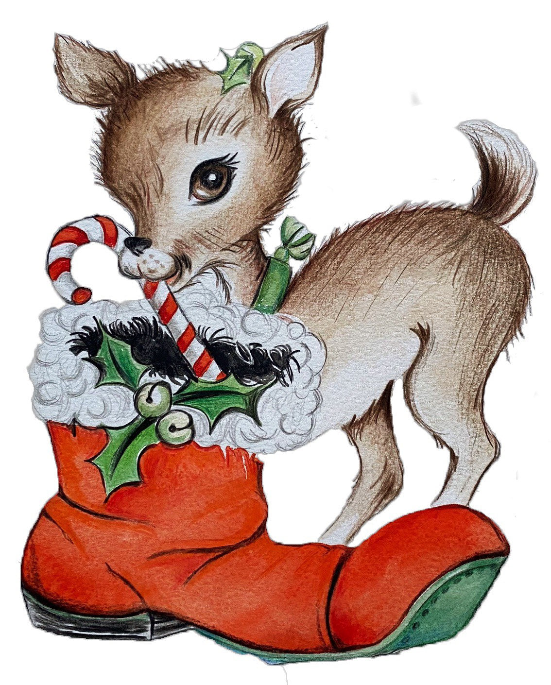 Hand drawn watercolour and pencil illustration of a cute little reindeer with a candy cane in her mouth and a Santa boot at her feet.