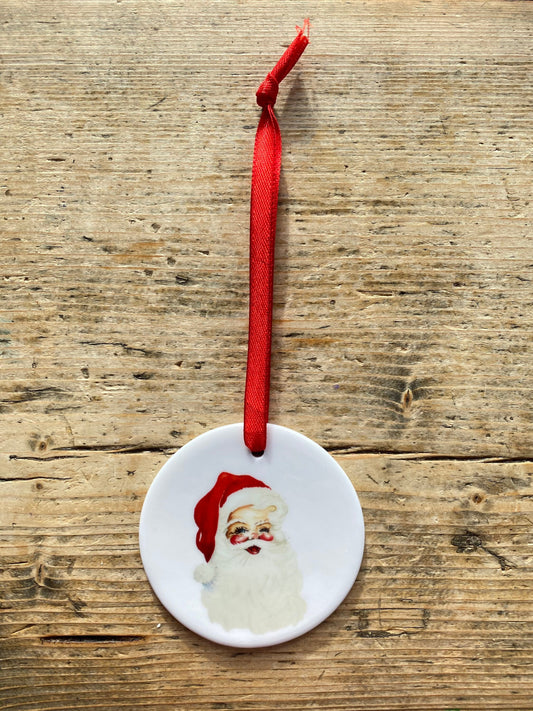 Ceramic flat bauble tree decoration with nostalgic Santa